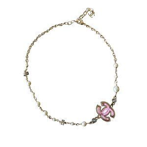 Chanel 24P Crystal Strass Resin CC With Pearl Necklace Pink Gold White